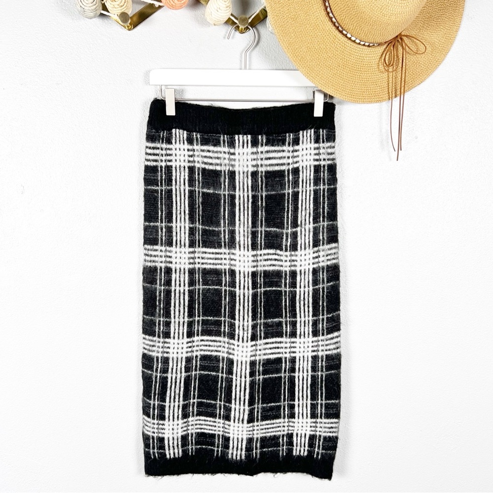 NWT Moussy Knit Midi Mohair Skirt Black/White Tartan Plaid 2